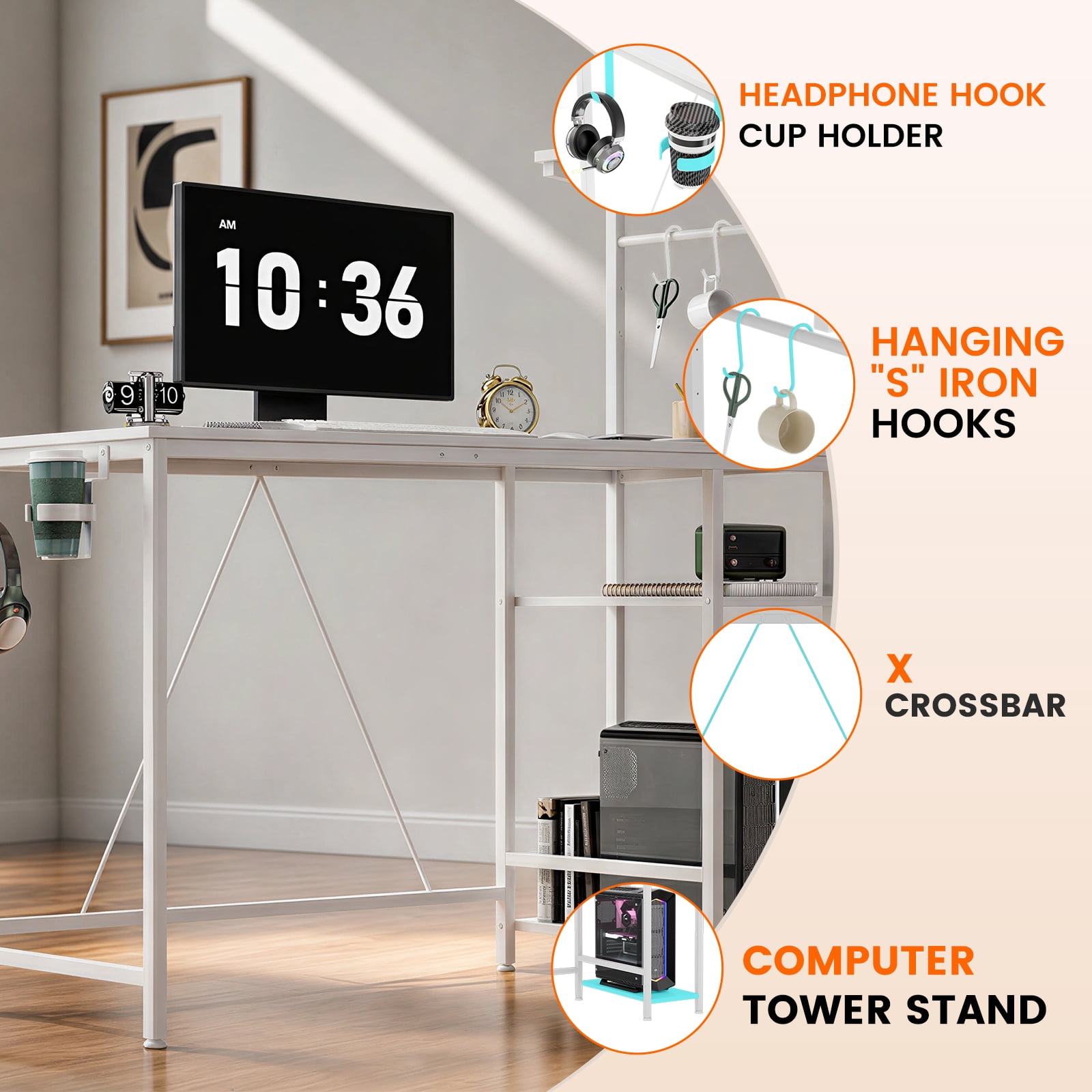 CLOUDREST PRO 44-Inch Computer Desk with LED Lights and 4-Tier Storage Shelves, White