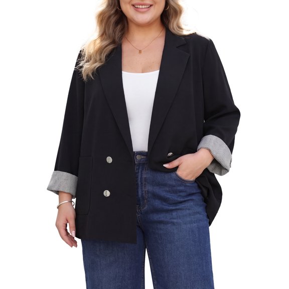 DARING DIVA Women's Plus Double Breasted with Rolled Blazer 2X Black