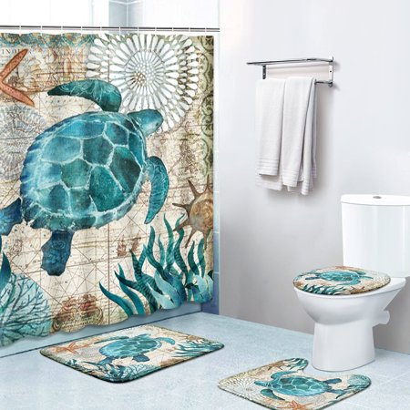 ZHANZZK Sea Turtle 4 Piece Bathroom Set Shower Curtain Bath Rug Contour Mat and Toilet Lid Cover