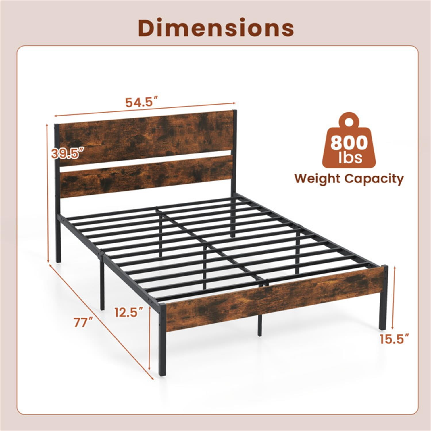 Demi Bonn Full Size Bed Frame with Wooden Headboard and Footboard, Modern Metal Platform Bed Frame with Under Bed Storage, No Box Spring Needed, Brown