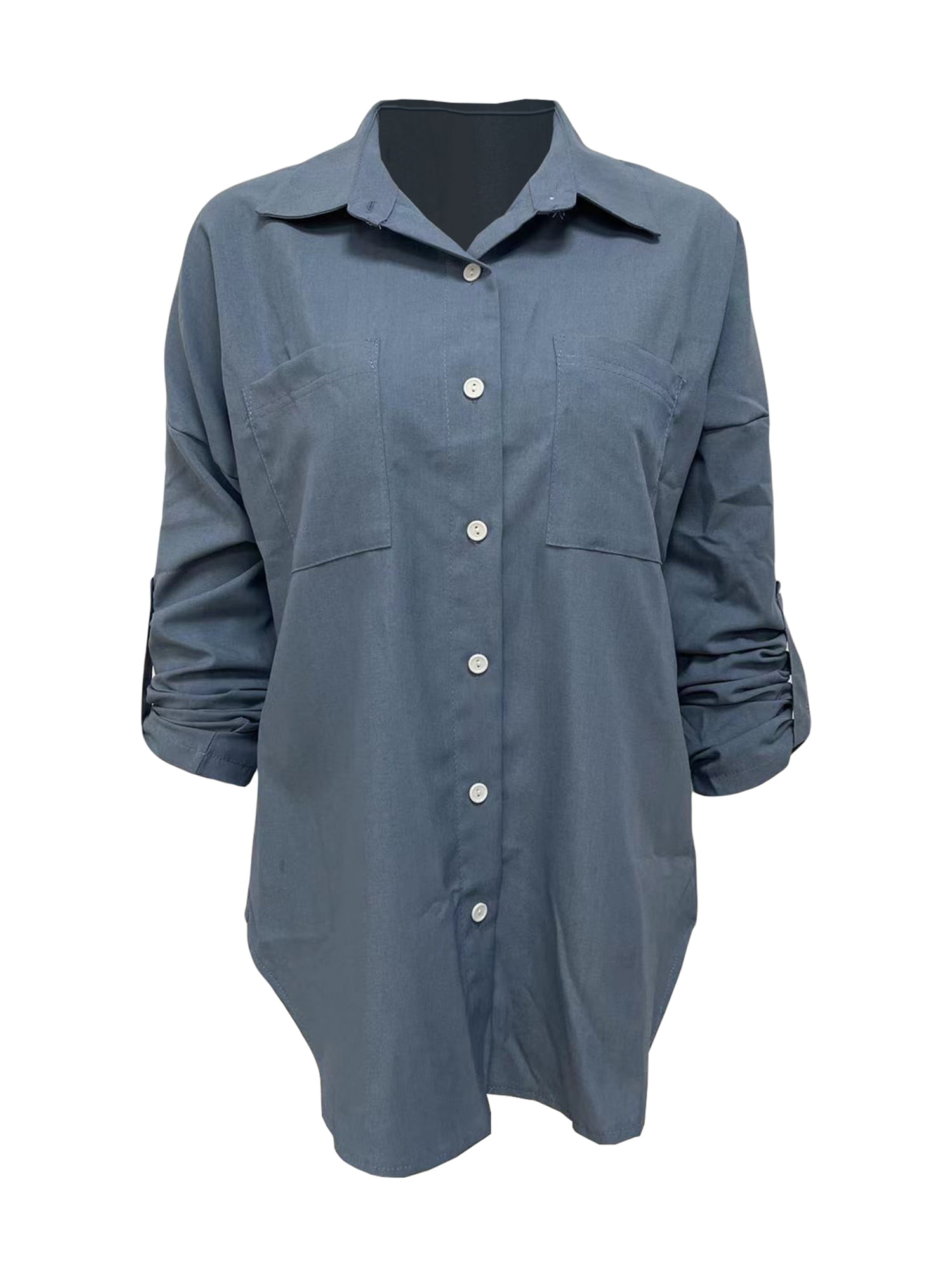 Sunisery Women's Denim Shirt Autumn Loose Double Pocket Long Seeve