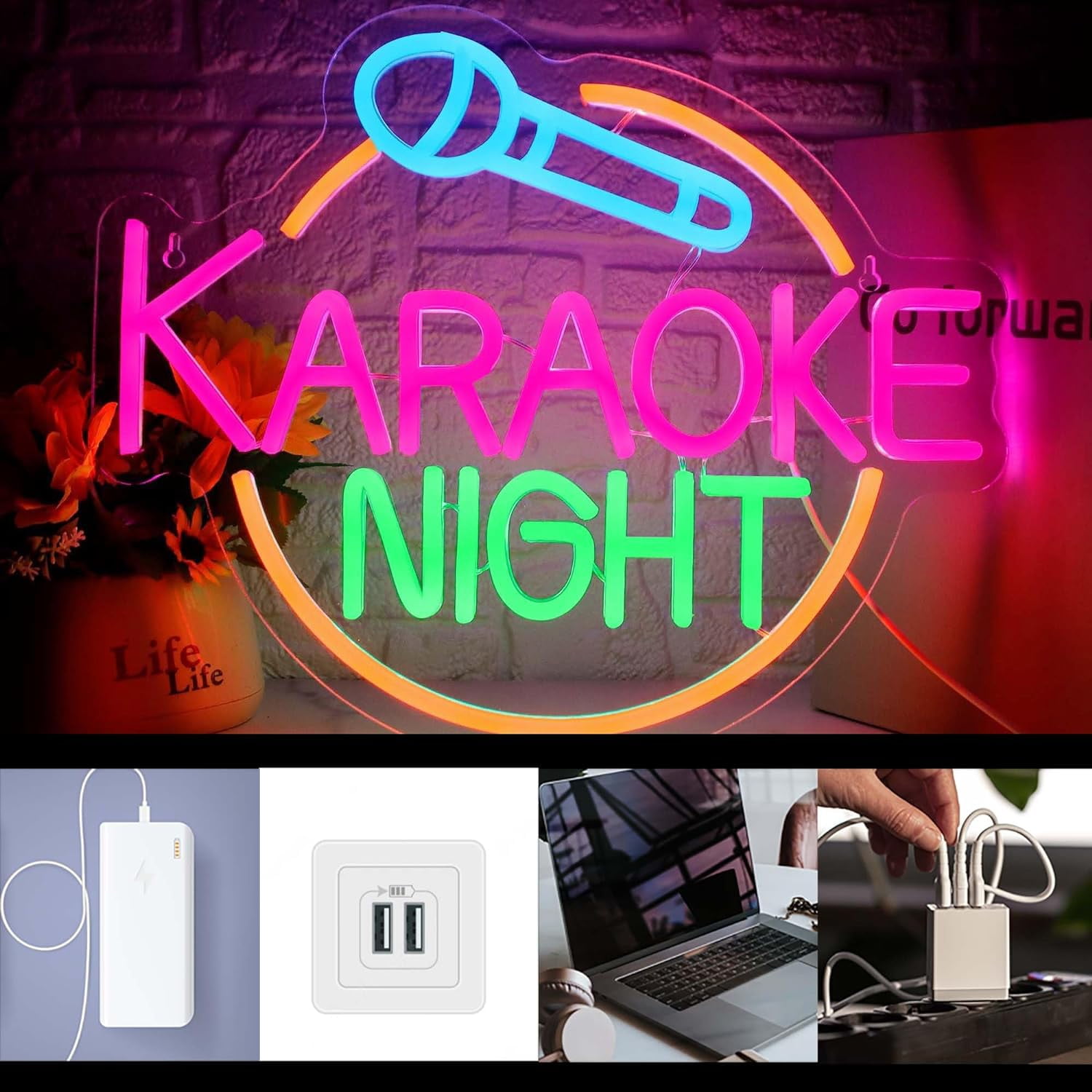 Lapalife Karaoke Night LED Neon Signs for Wall Decor, 14"x 11.8" LED Light Sign Dimmable with On/Off Switch USB Powered for Game Room Man Cave Bar Party Birthday