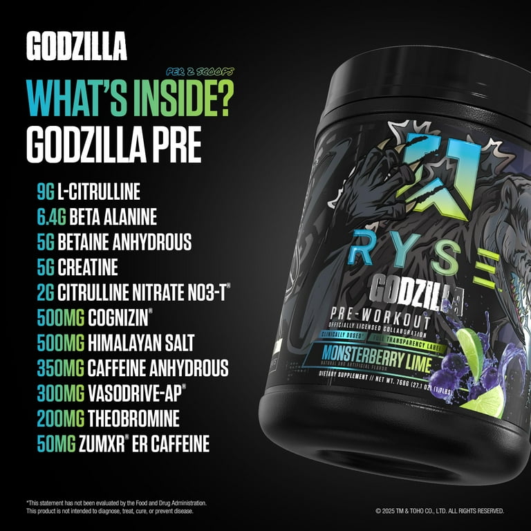 RYSE Godzilla Pre Workout Powder, Monsterberry Lime, 400mg
