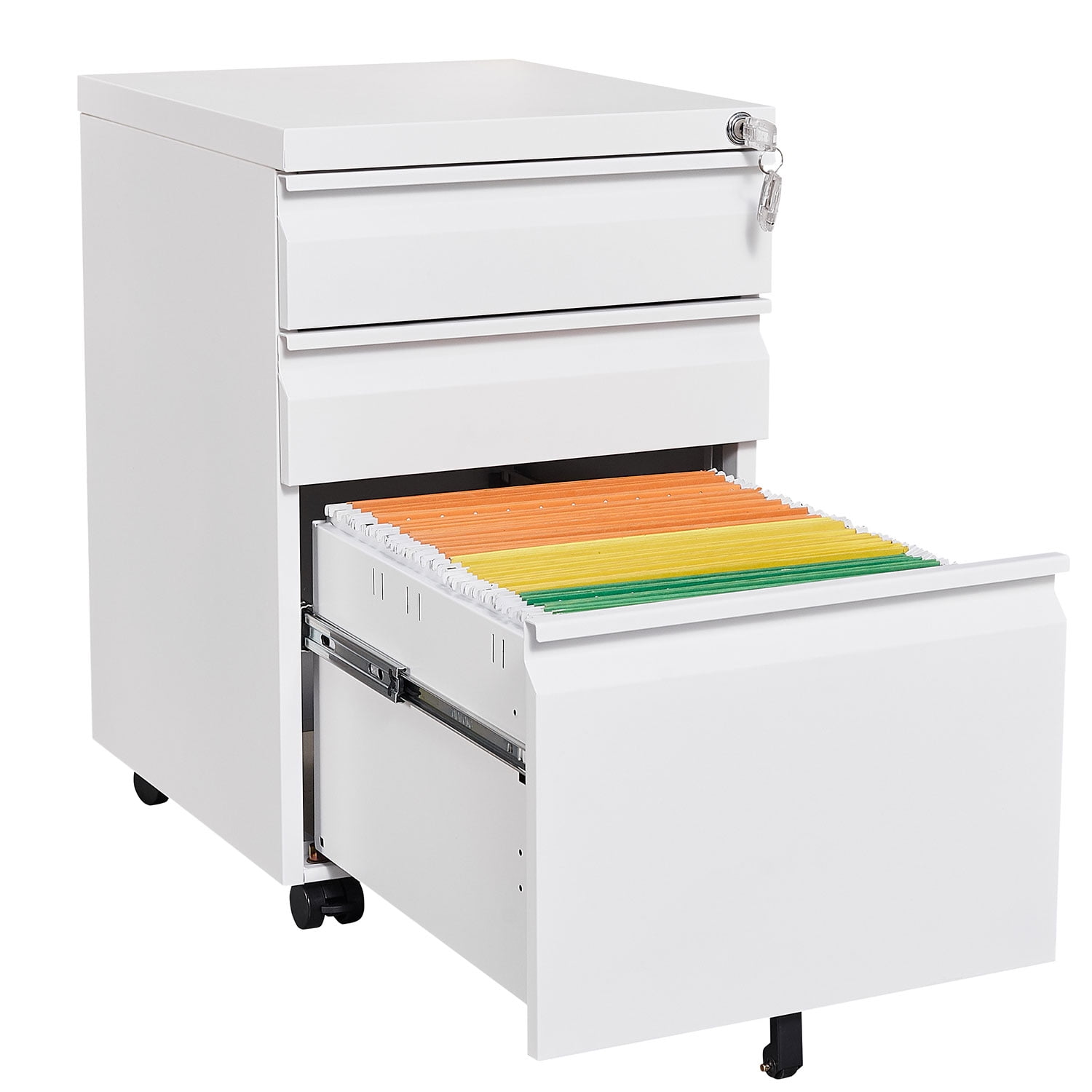 White 3-Drawer Office Filing Cabinet on Wheels with Lockable Storage for