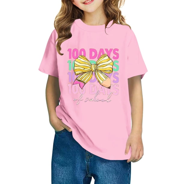 Fiudx Camiseta para Niño, Linda Camiseta con Mangas Abullonadas, Estampado "100 Días de Colegio", Tela Suave y Transpirable, Estilo Informal de Verano, Ideal para Ir de Fiesta o de Viaje, Elegante Di