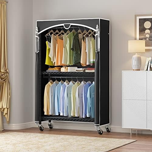 V12C Heavy Duty Rolling Garment Rack With Cover Adjustable