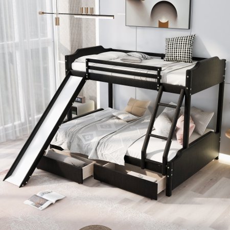 Twin over Full Bunk Bed Velvet Bunk Bed Frame with Two Drawers Solid Wood Bunk Bed with Convertible Slide and Ladder for Kids Boys and Girls Easy Assembly  Black