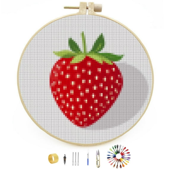 Red Strawberry Stamped Cross Stitch Kits for Beginners with Hoop Simple Patterns 11CT Counted Embroidery Needlepoint Crafts Arts for DIY Enthusiasts and Home Decor 26x26cm(2)