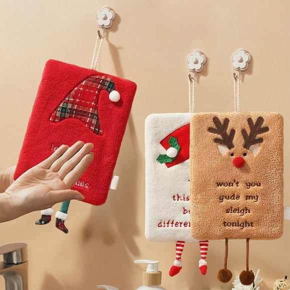 Bowayaoa Christmas Hand Towels Set of 3, Red White Khaki Flocked Absorbent Kitchen Towel for Hanging, Festive Holiday Decor for Home Bathroom, Quick Dry Christmas Party Supplies