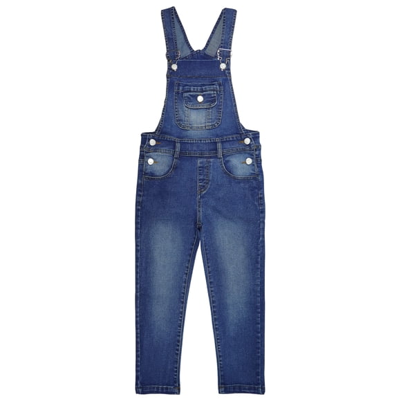 KIDSCOOL SPACE Mono de Mezclilla para Niñas Pequeñas,Banda Elástica con Bolsillos Interiores con Solapa, Mono Vaquero Elástico Suave,Azul Profundo,9-10 Años