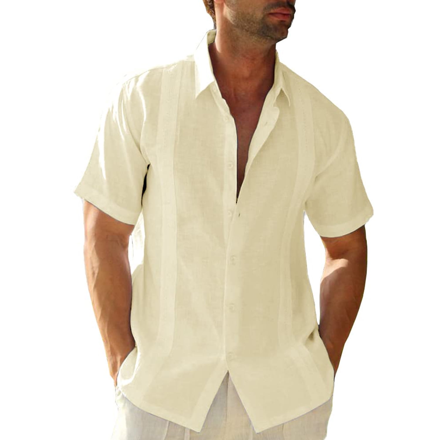 Ruanyu Men's Short Sleeve Cuban Guayabera Button Down Shirts Linen ...