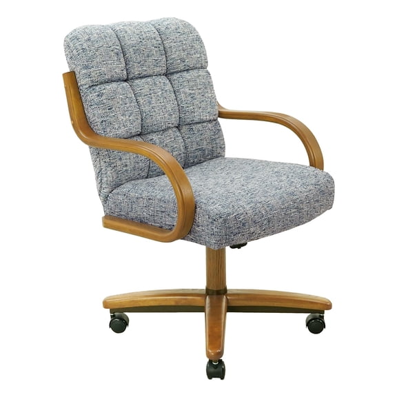 Chromcraft Swivel-Tilt Dining Chairs on Casters, Chestnut Solid Wood Accents, Textured Bronze Pedestal Base, Noriko Ocean Upholstery, set of 1