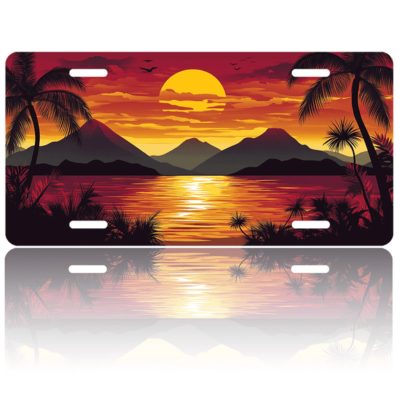 1 Pcs 2D Flat License Plate Covers & Frames, Sunset over For Decorative Front, Waterproof For Decoration Aluminum License Plate Covers & Frames Cover For Men Women, 12" X 6"