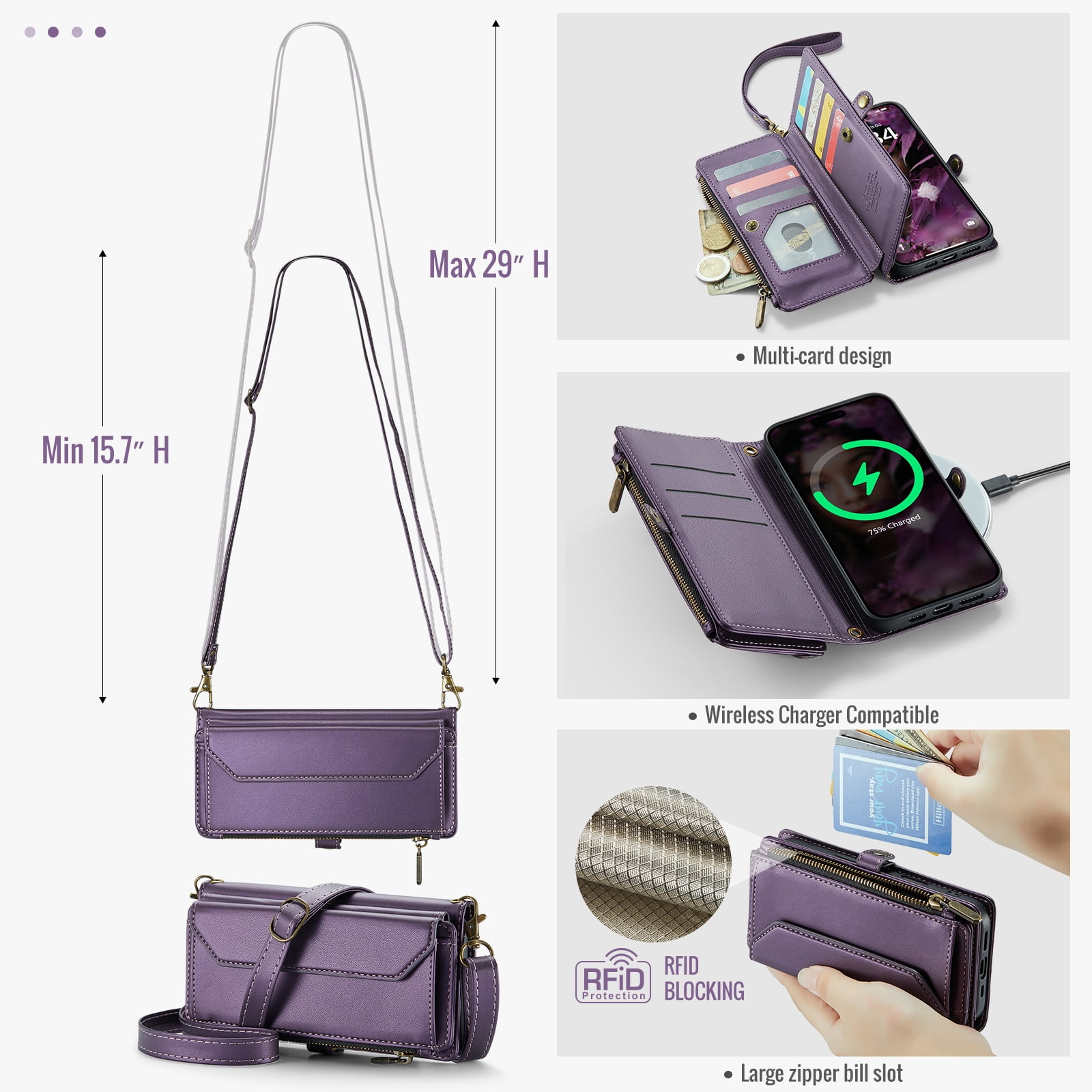 Asuwish Compatible with iPhone 17 Air 6.5 inch Zipper Wallet Phone Case Tempered Glass Screen Protector Crossbody Lanyard Strap Flip Card Holder Slot Cell Cover for i Phone17Air 17Case Women Purple