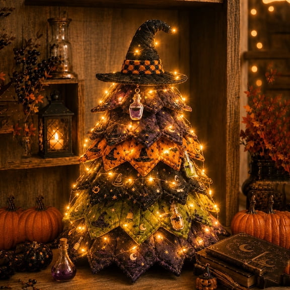 DIY Halloween Quilted Fabric Tree Kit 3D Patchwork Seasonal Décor Craft, Includes Materials & Instructions for Beginners, One Size (Lighted)