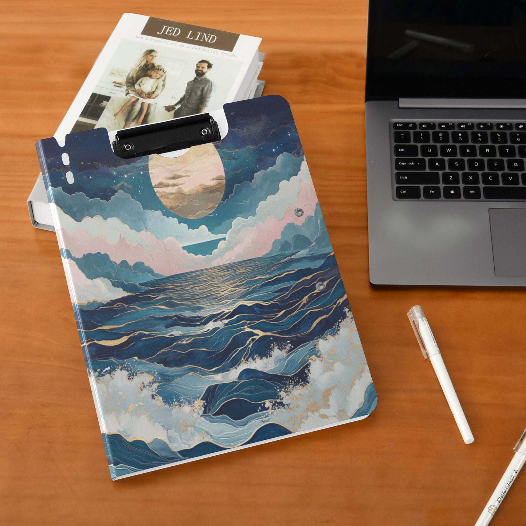 FORMRS A4 Clipboard Folder with Pen Holder Horizontal Foldable School Office Binder, Rolling Waves