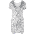 thumbnail image 5 of PrettyGuide Women Sequin Dress V Neck Sparkle Short Sleeve Bodycon Stretchy Mini Party Dress Sliver L, 5 of 6