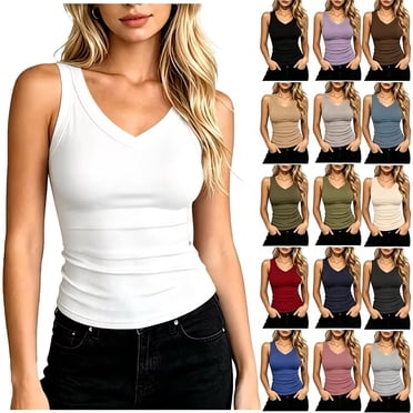 Diufon Ribbed Tank Tops for Women Summer Casual Sleeveless V Neck Knit Camisole Solid Color Basic Slim Tanks