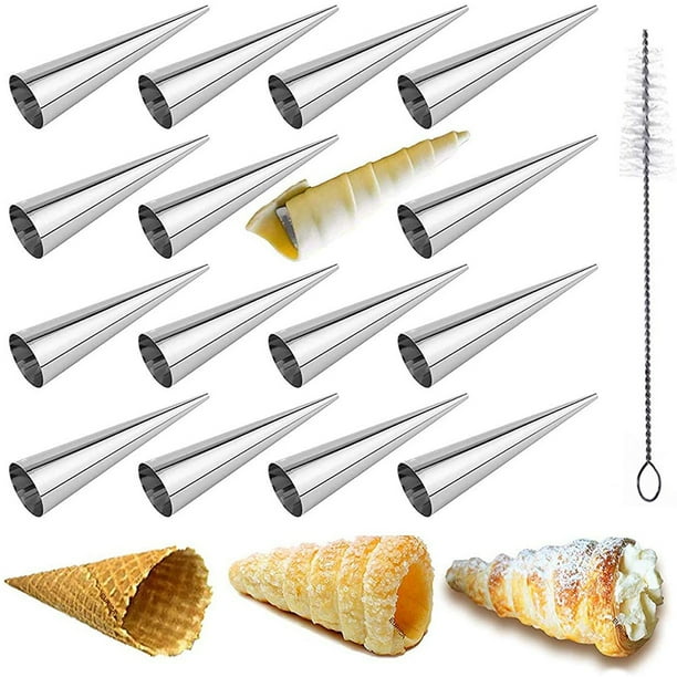 Juego de moldes de cuerno de crema de acero inoxidable, 16 Uds., cono de pastelería relleno, herramientas para hornear con formas metálicas