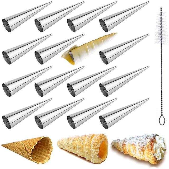 Juego de moldes de cuerno de crema de acero inoxidable, 16 Uds., cono de pastelería relleno, herramientas para hornear con formas metálicas