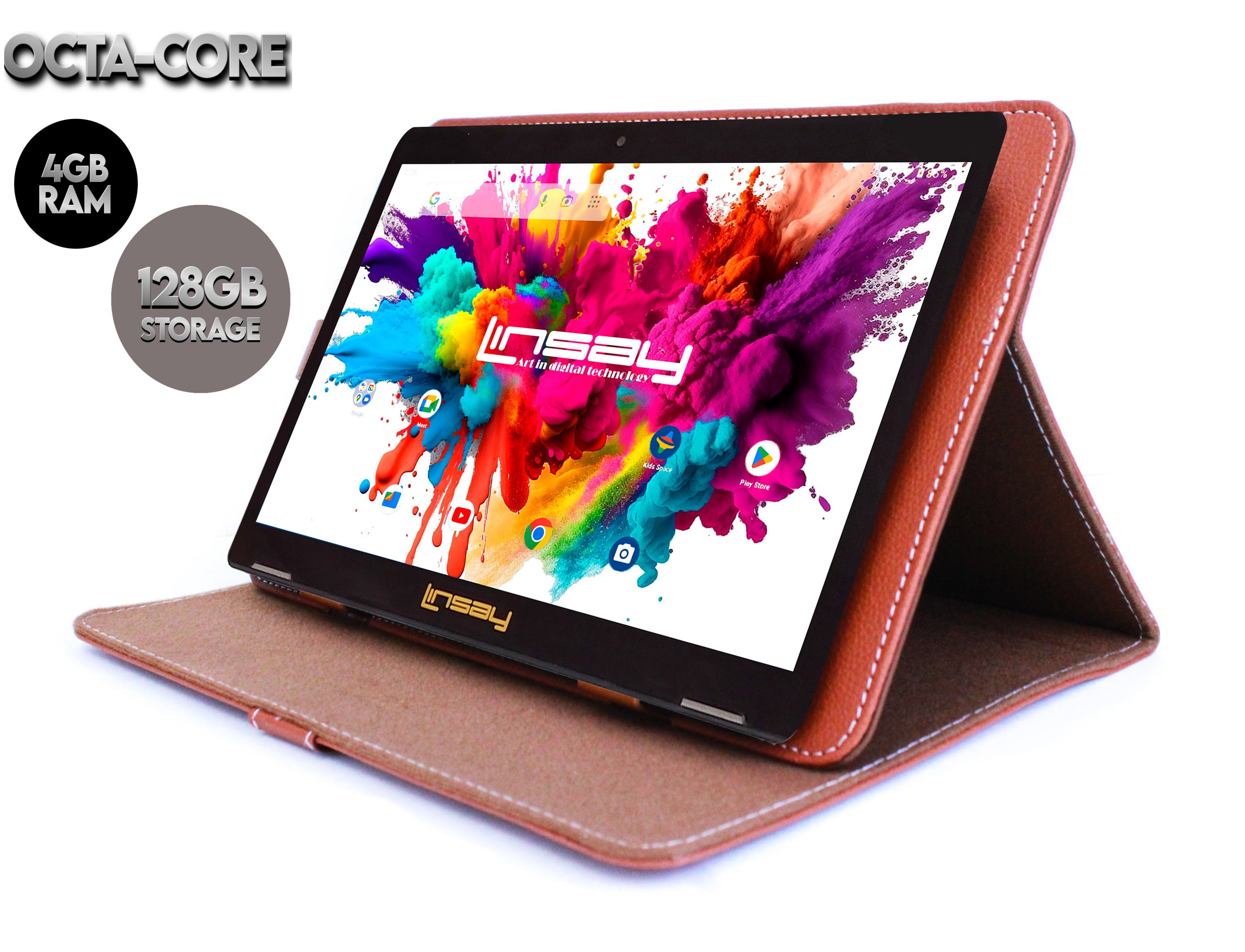 LINSAY 10.1" Octa Core 4GB RAM 128GB Storage Android 13 Tablet with case Light Brown