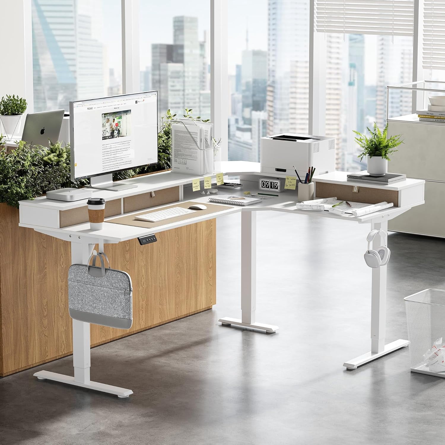 DESINO L Shaped Standing Desk, 63 inch Electric Height Adjustable Home Office Desk with Drawers, Large Ergonomic Computer Desk with Reversible Tabletop, 2 Memory Height Settings, White