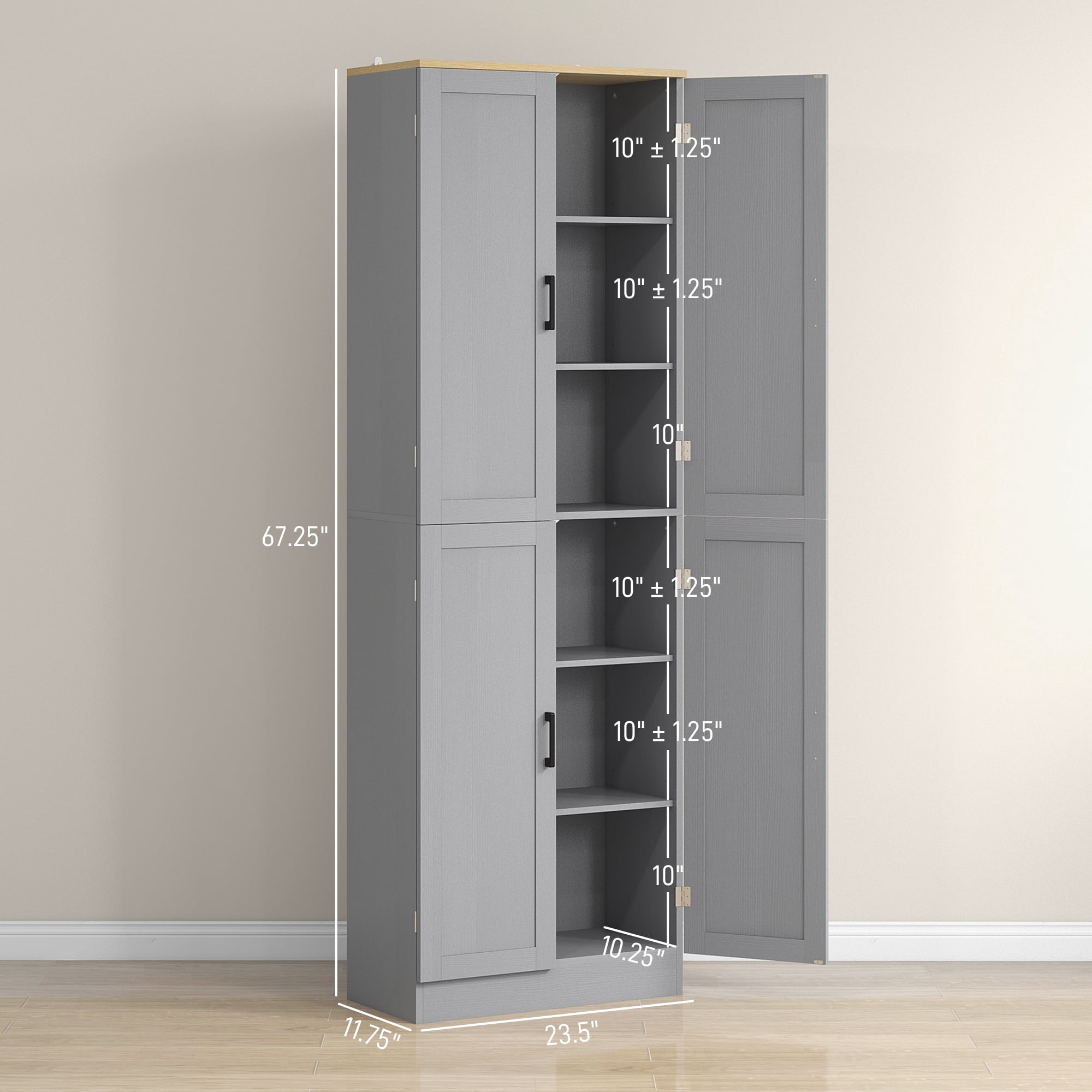 HOMCOM 67" Freestanding Kitchen Pantry, 4-Door Storage Cabinet Organizer with Adjustable Shelves and Doors, Distressed Gray