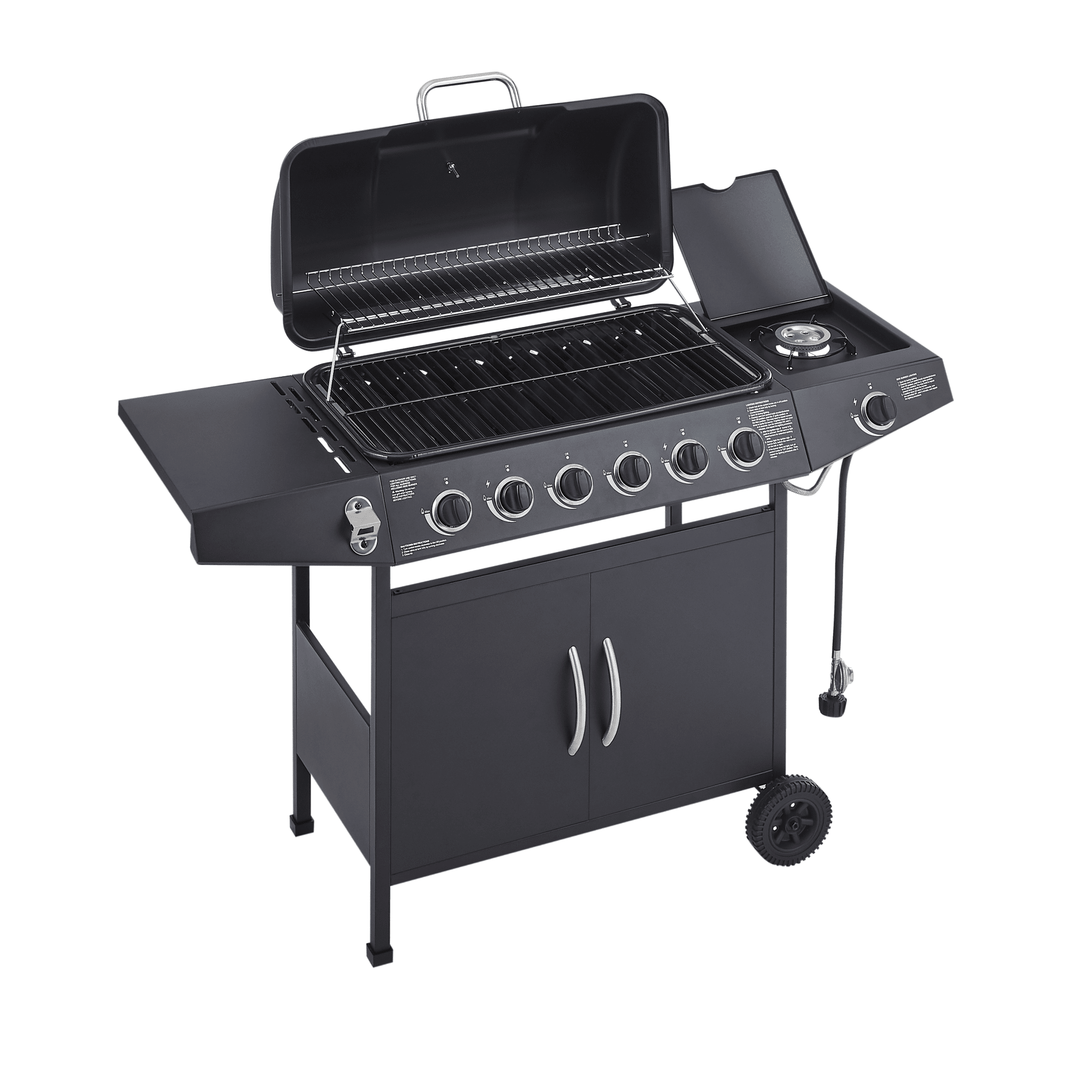 6 Burner BBQ Propane Gas Grill with Side Burner, 59000 BTU Stainless Steel Outdoor Grill, 576 sq in Cooking Area with Enamel Grates & Side Tables, Black
