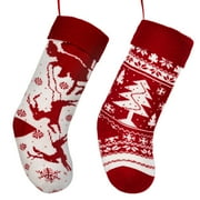 Swtroom 2-Piece Knitted Christmas Stockings 18-inch Reindeer Christmas Tree Large Size Red and White Christmas Decorations