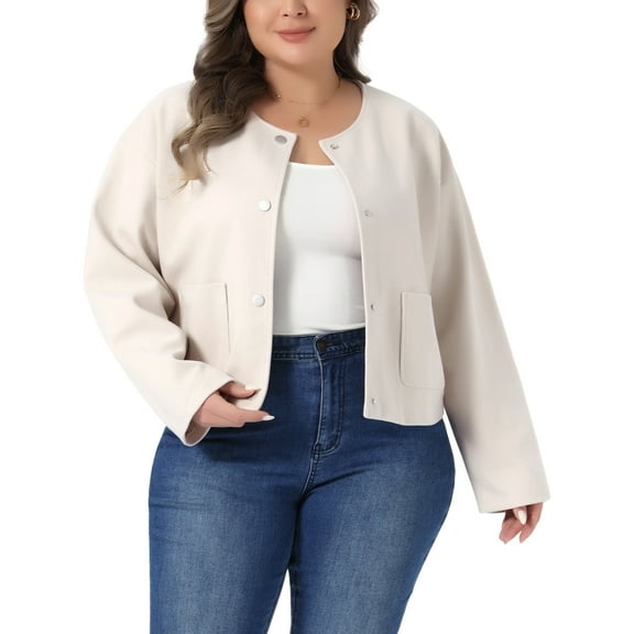Agnes Orinda Women's Plus Size Bomber Jacket Single Breasted Cropped Jackets Long Sleeve Casual Shacket Coat with Pockets 1X Apricot