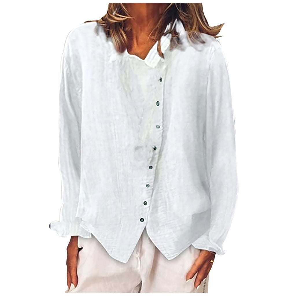 LIDYCE - LIDYCE Women's Cotton Linen Solid Buttons Long Sleeve T-Shirt ...