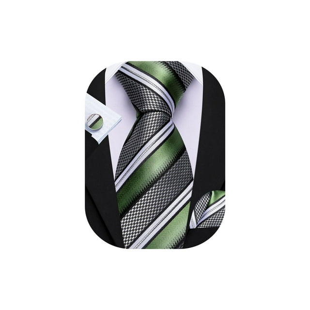 Set de Corbata Rayada Barry.Wang Verde Salvia y Negro