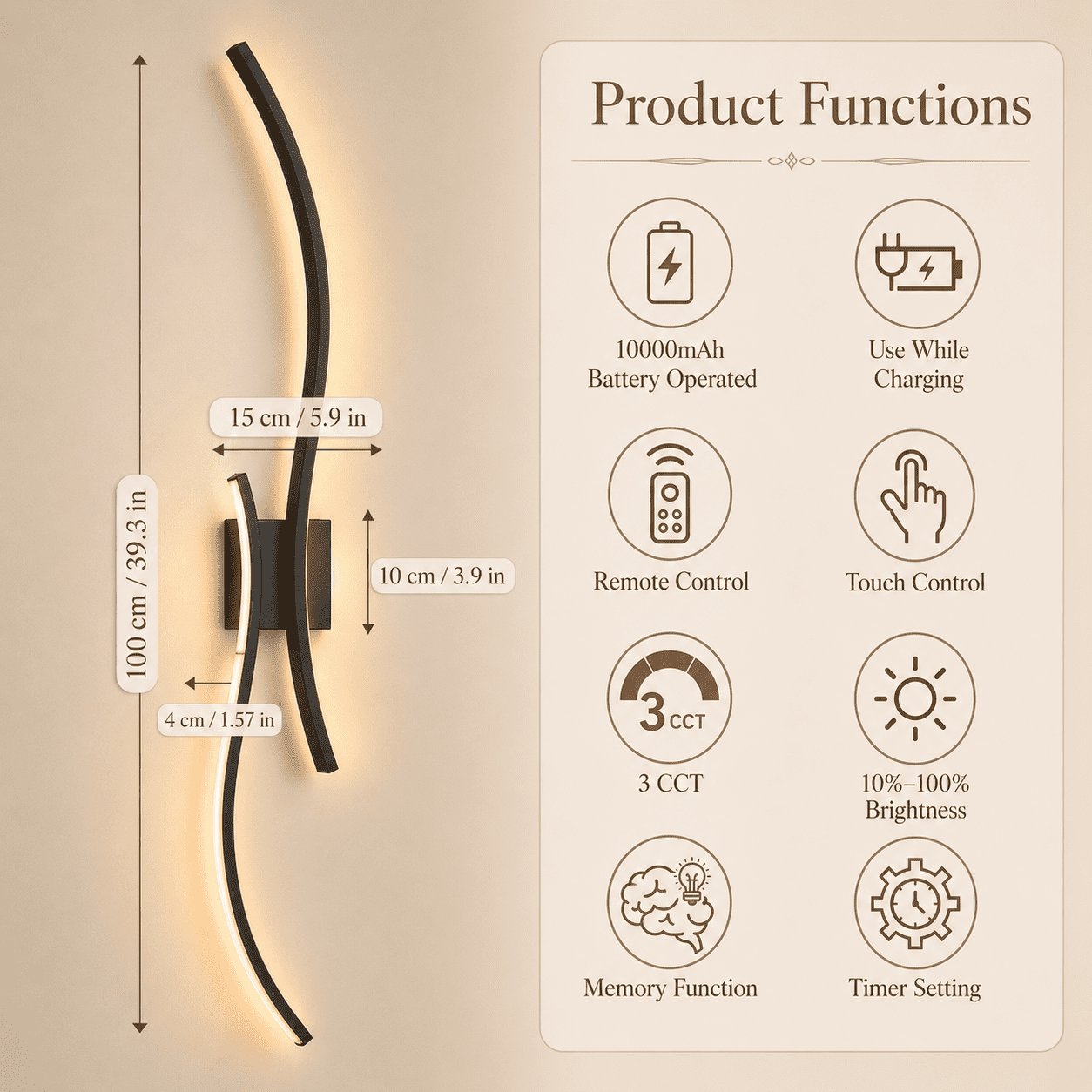 Laybasic 39.3" Large Battery Operated Wireless Wall Sconces Set of 2, Black Modern Rechargeable Wall Light with Remote, 3CCT Dimmable Wireless Wall Lamp for Living Room Bedroom Hallway