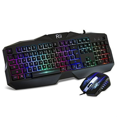 rii gaming keyboard and mouse combo,led rainbow backlit usb wired computer keyboard 104 key,spill-resistant design,ergonomic wrist rest keyboard mouse set for windows pc gamer.