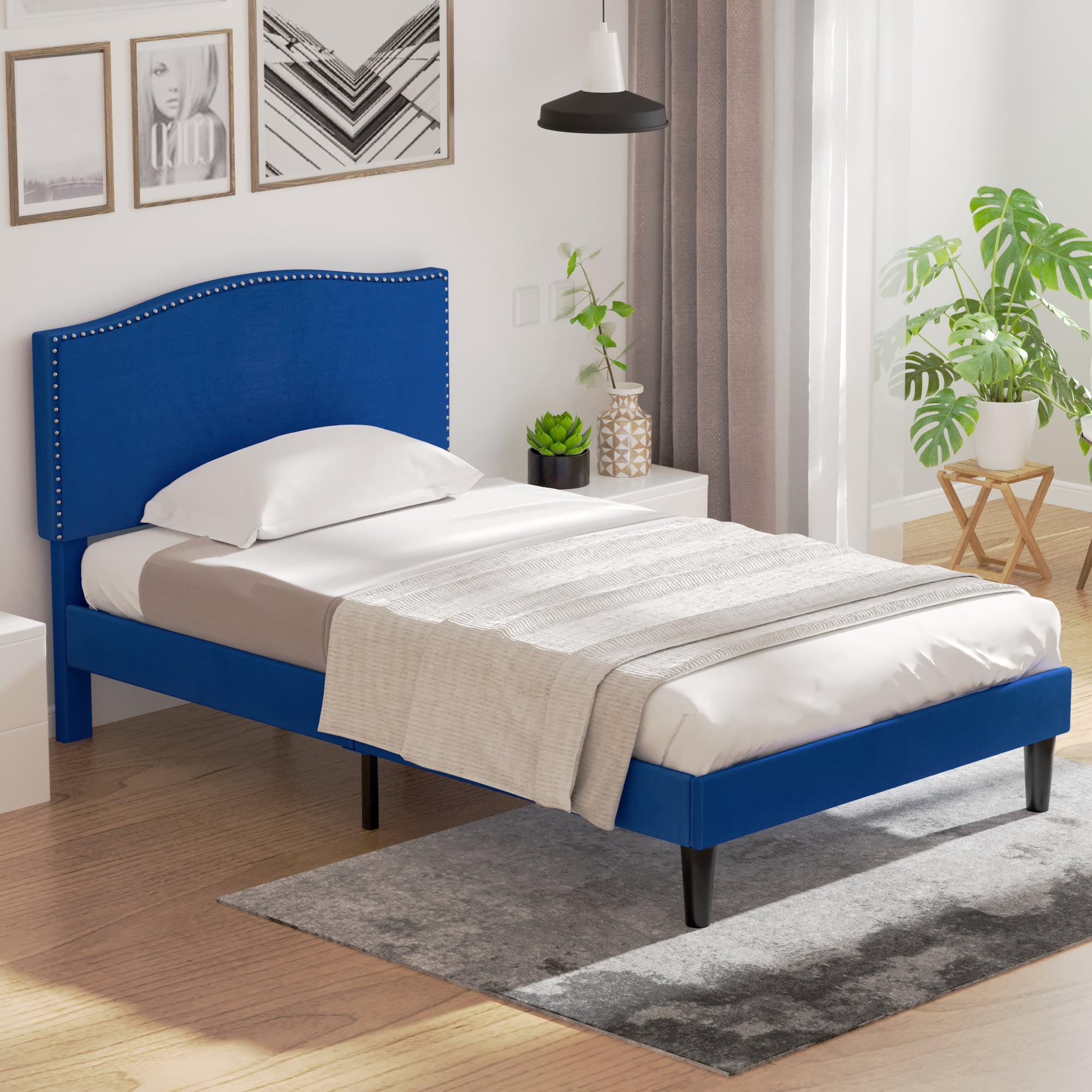 Javlergo Twin Size Bed Frame, Upholstered Platform Bed Frame with Adjustable Headboard, Easy Assembly, No Box Spring Needed, Non-Slip and Noise-Free with Strong Wood, Dark Blue