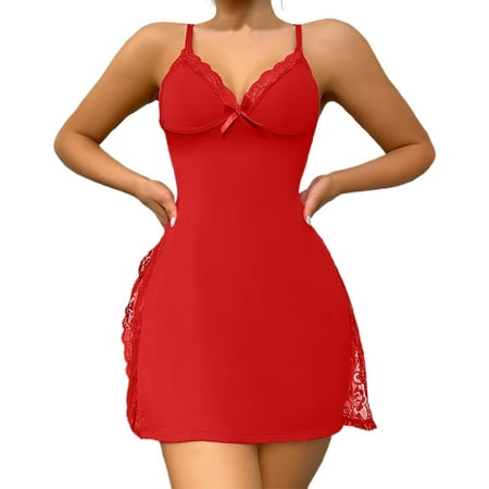 Hwmodou Womens Cami Chemise Nightgowns Transparent Lingerie Sleepwear Sexy Lace Solid Color Spaghetti Strap Dress Loungewear