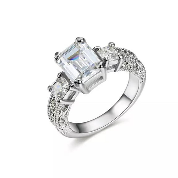 HeartsAndYou 2.5ct Emerald Moissanite Accent Trilogy Vintage Inspired Engagement Ring for Women 18k White Gold over Silver