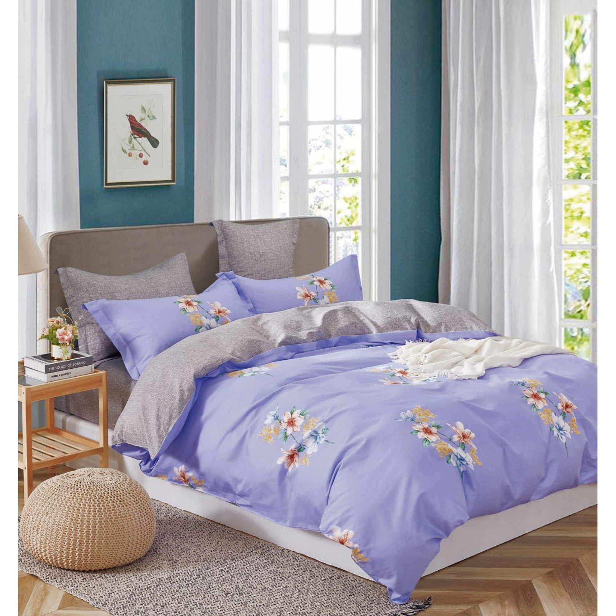 Full Purple Cotton Floral Reversible Comforter Set