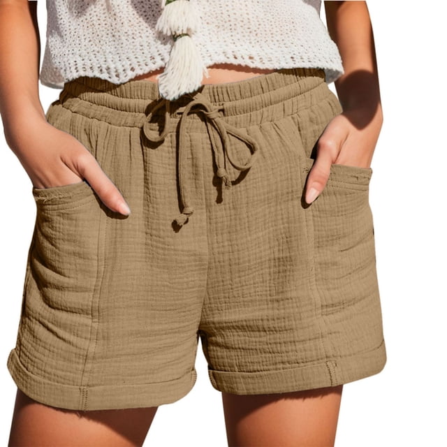 Timegard Womens Lounge Shorts Cotton Linen Elastic Waisted Drawstring Summer Loose Shorts with Pockets