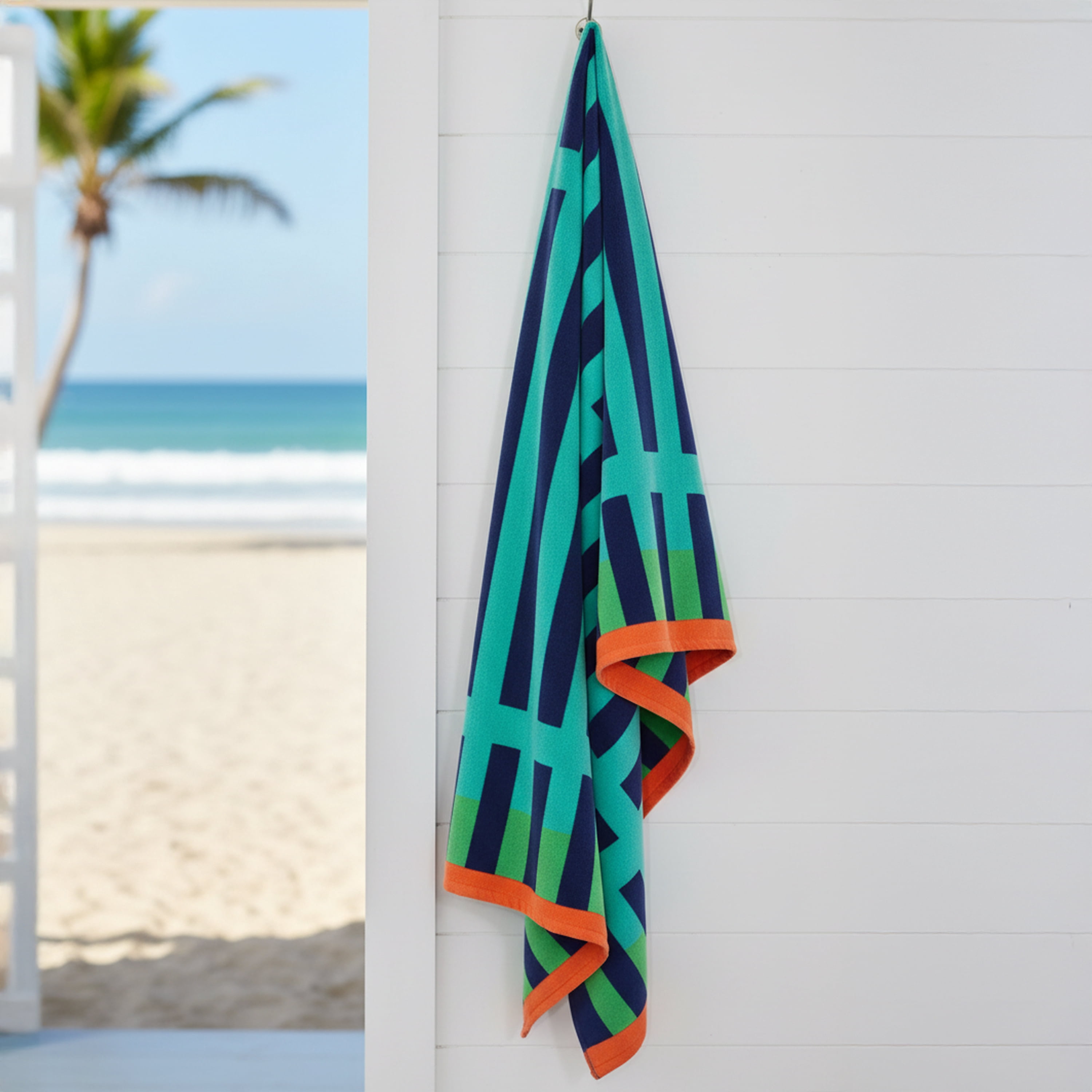 Oversized Teal and Navy Stripe Beach Towel, Soft Cotton, 34 x 64 Inches