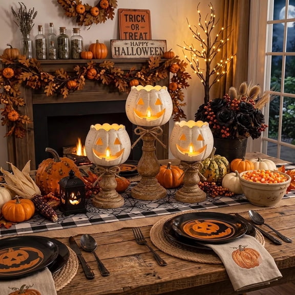 3PC Rustic White Pumpkin Tealight Candle Holder Set | Farmhouse Halloween Pumpkin Candle Holder, Halloween Candle Holder for Thanksgiving & Halloween Party, Fall Decorations for Home