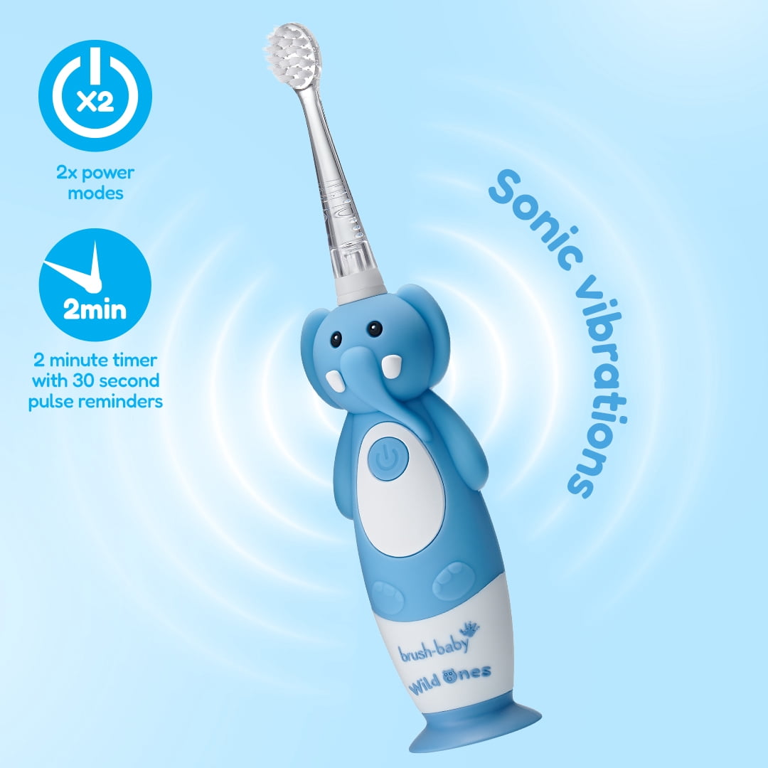 Brush-Baby WildOnes Kids Electric Toothbrush, Evie Elephant, Rechargeable, Timer, Waterproof, Soft Bristles, 0-10