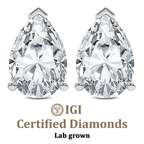 3 Carat Lab Grown Diamond Pear Shape Earring | F-G VS Quality | IGI Certified Solitaire Stud Earring | 14K White Gold | Friendly Diamonds Earrings