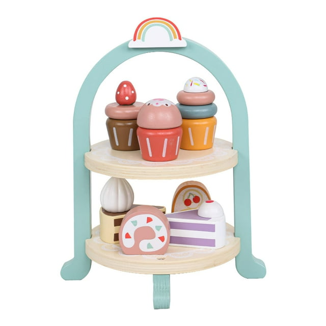 Juego de pastel de postre de madera, juego de comida, juego de simulación para niños, juego de fiesta de té para niñas pequeñas, cocina de juego de madera Montessori