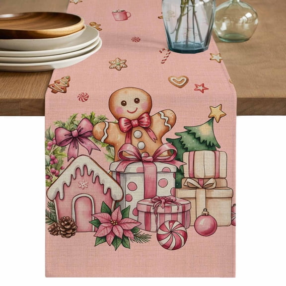 Pink Gingerbread Christmas Table Runner 48 Inches, Xmas Tree Gift House Star Bed Runner Dresser Scarves Tabletop for Indoor Outdoor Parties/Ceremony/Banquet, 13" x 48"