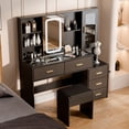 thumbnail image 4 of Oubayajia Large Vanity Desk with Mirror and Lights, Modern Makeup Vanity with Charging Station, 5 Drawers, Shelves and Cushioned Stool, Glass Top for Bedroom, Dressing Room, 4 of 8