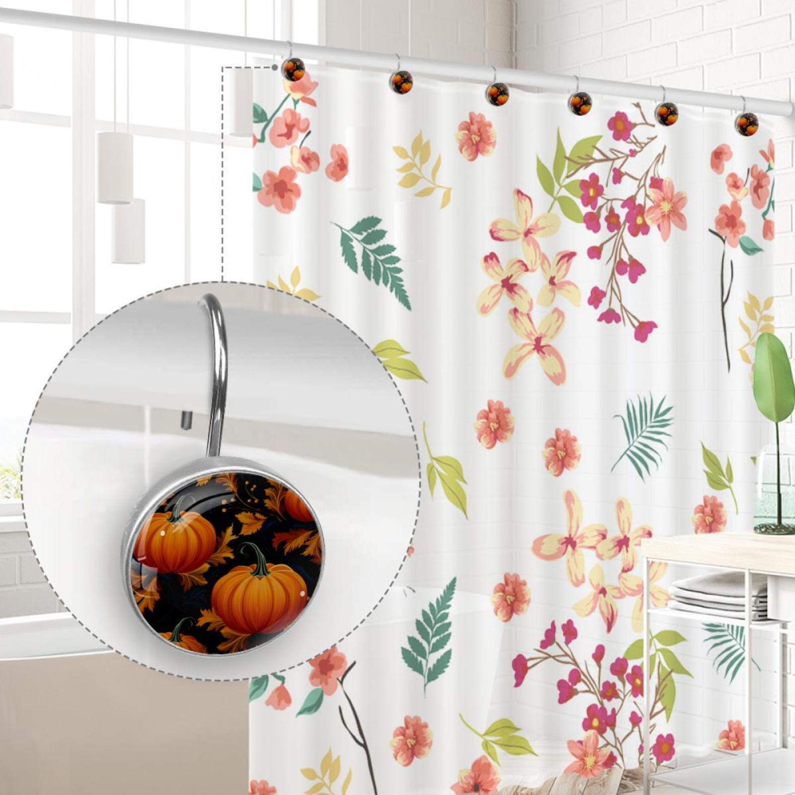Pumpkin Shower Curtain Hooks （Set of 12） for Home Hotel Shower Rods Bathroom Crystal Glass Print Stainless Steel Round Curtain Hooks