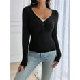 thumbnail image 4 of Women'S Long Sleeve Shirt V-Neck Buttons Ribbed Knit Slim Fit Casual Basic Spring Autumn Tops Black L, 4 of 9