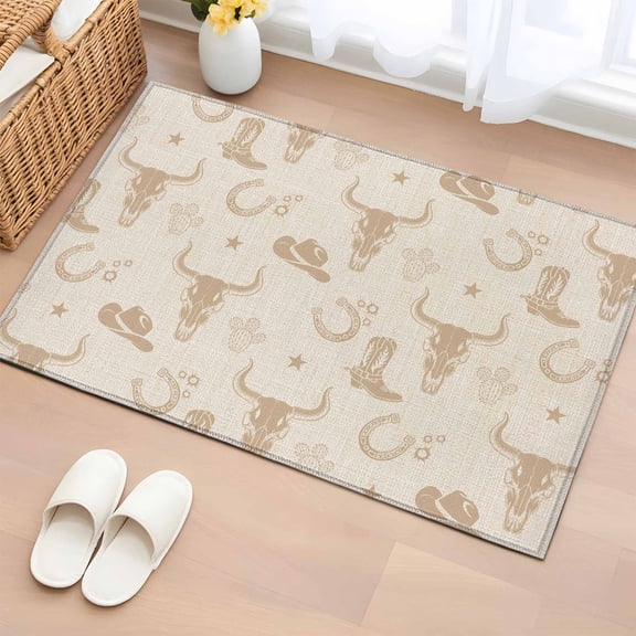Beige Cow Skull Entryway Rug 2'x3' Non Slip Front Door Mats, Southwestern Vintage Cowboy Boots Burlap Entrance Rugs Indoor Outdoor Carpet, Washable Floor Mats Small Area Rug for Bedroom Kitchen