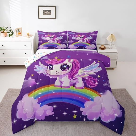 Erosebridal Queen Unicorn Comforter Sets, Rainbow Unicorn Bedding Set With Stars Cloud, 1 Quilt With 2 Pillowcases Teens Adults Bedroom Decor All Season
